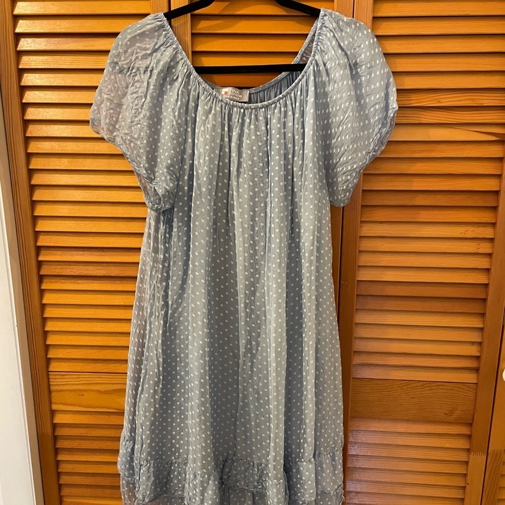 Tina Stephens Dress, Size M (Unmarked), Baby Blue Polka-Dot, 100% Silk. - Picture 8 of 8